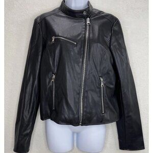 KARL LAGERFELD PARIS Vegan Leather Moto Coat Black Jacket Size Medium